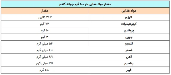 جدول غذایی پودر جوانه گندم